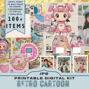 Retro Cartoon Digital Kit, Kartenherstellung, Journal Kit Printable. Anime, Lofi-Vibes. 30 JPG Seiten im Letter Format. 300dpi direkter Download