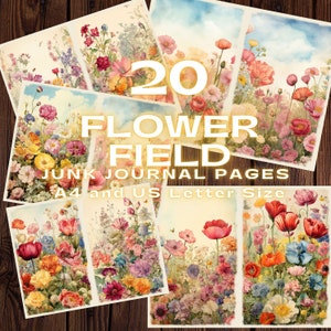 Pastel de campo de flores de primavera, medias páginas imprimibles de diario basura prefabricado, kit de diario basura de flores, páginas de scrapbooking, papel de diario basura.