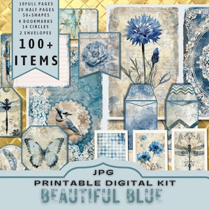 Hermoso kit digital azul, creación de tarjetas, kit de diario imprimible. Libélula Mariposa Vintage. 30 páginas tamaño carta JPG. Descarga directa de 300 ppp.