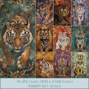 Tiger Postkartendesign: Krafttier Kunst in Blau, Grün, Orange, Lila, Pink. 10 JPEG-Dateien 5x7 Zoll. 300dpi direkter Download auf Etsy.