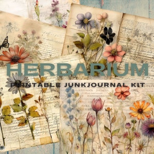 Kit de journal botanique vintage, pages imprimables, pages de scrapbooking, 10 pages pliables, cartes postales, signets, tampons, étiquettes.