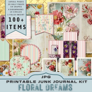 Floral Dreams Junk Journal Kit, Pastell, Halbe Seiten, Ganze Seiten, Karten, Tags, Folio, Scrapbook Versorgung, Digital, Printable. JPG Herunterladen