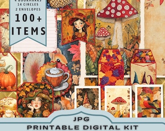 Autumn Digital Kit: Mushrooms, Pumpkin, Leaves 30 jpg letter size pages (Digital Download)