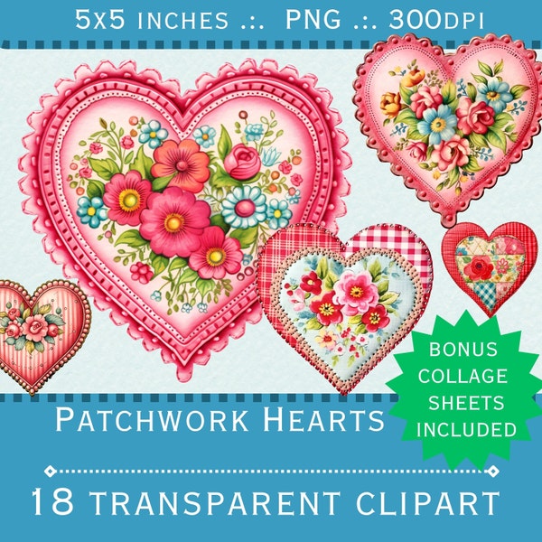 Patchwork Heart clipart. Planner Stickers, Faux embroidery png. PNG Files Transparent background. Inculdes Bonus PDF Collage Sheets!