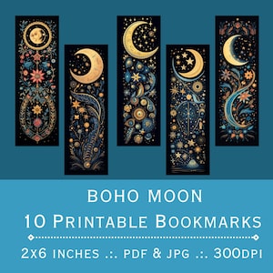 Boho Moon Printable Bookmarks. Printable PDF and JPEG files. 300dpi. Bookmark sublimation, Print and Cut Bookmark Set