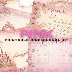 Pretty Pink Junk Journal Kit, páginas para impressão, páginas de scrapbooking, 10 páginas dobráveis e recortáveis.