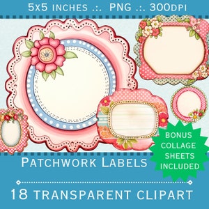 Op de afbeelding: Set van 18 digitale scrapbook-papieren labels met een patchwork-ontwerp. De labels zijn in roze, blauw en groen met witte stippen en bloemmotieven. De labels zijn 5x5 inch en 300 DPI.