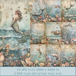 Ocean Beauty Mermaid Welt Hintergrundbilder. PDF-Dateien und druckbare JPEG-Dateien. 300dpi. Scrapbook Seiten - Junk Journal Seiten - Karten