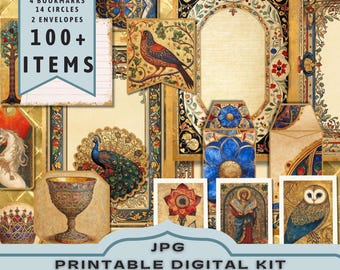 May include: A collection of printable digital kit elements with an illuminated manuscript theme. The image features various cards, frames, and decorative elements with ornate borders, illustrations of birds, flowers, and a peacock, and the text "100+ ITEMS".