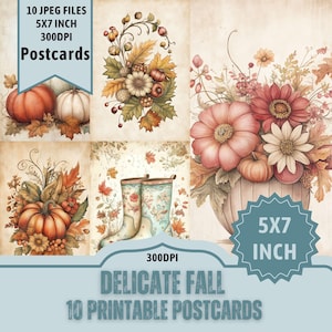 Könnte beinhalten: Zehn druckbare Postkarten im Format 12,7 x 17,8 cm mit zarten Herbstmotiven. Die Designs beinhalten Kürbisse, Blumen, Blätter und Gummistiefel. Die Postkarten haben eine Auflösung von 300 DPI und eignen sich perfekt, um Ihrem Zuhause einen Hauch von Herbst zu verleihen.
