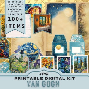 Kit digital temático de Van Gogh, criação de cartões, kit de diário para impressão. Noite estrelada, girassóis. 30 páginas tamanho carta JPG. Download direto de 300 dpi