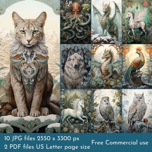Images de fond de créatures mythiques. Fichiers PDF et fichiers JPEG imprimables. 300 ppp. Pages de scrapbooking - Pages de journal indésirable - Cartes