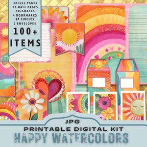 Kit digital Happy Bright Watercolors, Cardmaking, Kit de diário para impressão. Pastel arco-íris. 30 páginas tamanho carta JPG. Download direto de 300 dpi