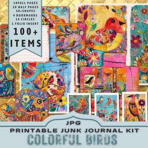 Kleurrijke vogels Junk Journal Kit, halve pagina's, volledige pagina's, kaarten, tags, folio, plakboekvoorraad, helder, digitale afbeeldingen, afdrukbaar. JPG-download