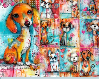 Whimsical Dogs Art: Colorful Background Images (JPEG & PDF)
