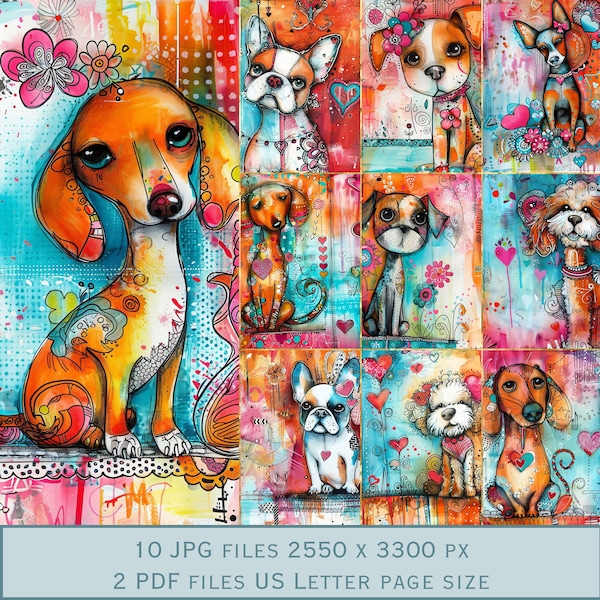 Images d'arrière-plan colorées de chiens fantaisistes. Fichiers PDF et fichiers JPEG imprimables. 300 ppp. Pages de scrapbooking - Pages de journal indésirable - Cartes