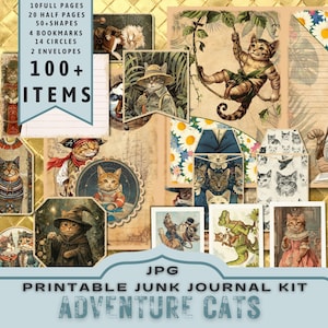 Kit numérique Chats aventureux, éléments de fabrication de cartes, pages imprimables du kit journal. 30 pages JPG au format lettre. 300 dpi téléchargement direct