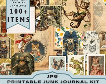 Adventurous Cats Junk Journal Kit: Printable Ephemera 30 jpg letter size pages (Digital Download)