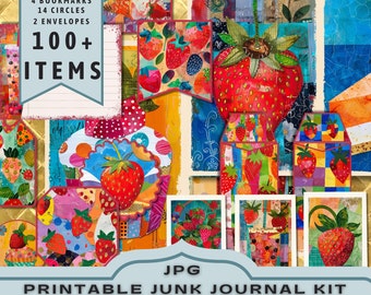 Strawberry Paper Collage Kit: Printable Journal & Cardmaking 30 jpg letter size pages (Digital Download)