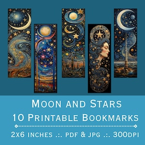 Print and Cut Bookmark Set - Moon and Stars. Printable PDF and JPEG files. 300dpi. Bookmark sublimation, Printable Bookmarks