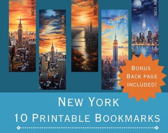 New York City Bookmarks: Skyline Art, 10 Designs (Printable PDF & JPEG)