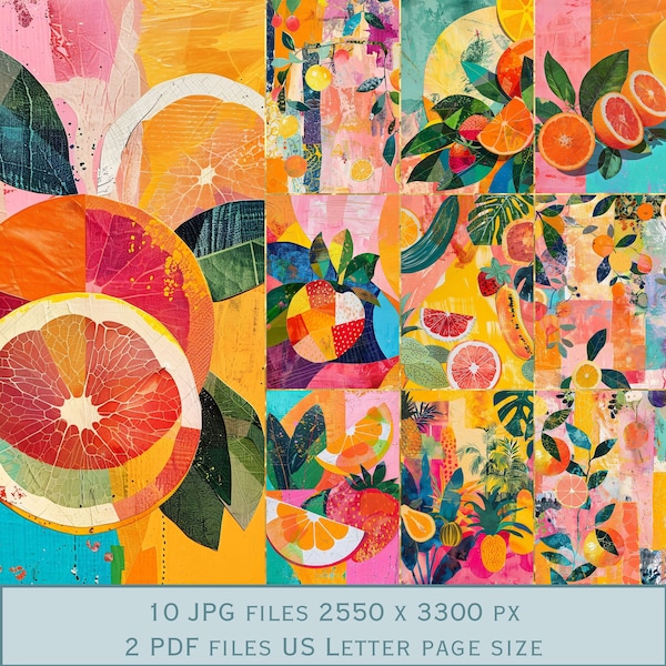 Tropical Fruit Summer Background Images. PDF files and Printable JPEG files. 300dpi. Scrapbook pages - Junk Journal pages - Cards