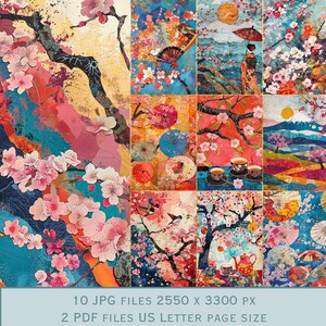 Immagini di sfondo di fiori di ciliegio Sakura. File PDF e file JPEG stampabili. 300 dpi. Pagine di album - Pagine di diario spazzatura - Cartoline