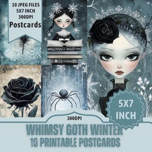 Design de Cartão Postal de Inverno Gótico Caprichoso. Designs góticos caprichosos. Garota, Cruz, Rosa Negra. 10 arquivos JPEG 5x7 polegadas. 300dpi download direto no Etsy.