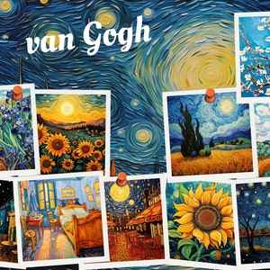Papel Digital Van Gogh, girasoles de noche estrellada estilo Van Gogh. Archivos PNG papel de álbum de recortes para uso comercial gratuito. Manualidades con papel para diarios basura