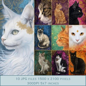 Cat Postcard Design: Spirit Animal Art in Blue, Green, Orange, Purple, Pink. 10 JPEG files 5x7 inch. 300dpi direct download on Etsy.