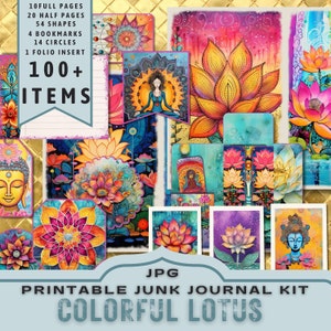 Kleurrijke Lotus Junk Journal Kit, zen, yoga, halve pagina's, volledige pagina's, kaarten, tags, folio, plakboekvoorraad, ATC, digitals, afdrukbaar. JPG