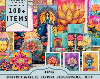 Colorful Lotus Junk Journal Kit: Zen Yoga Theme Printable Ephemera and Pages (JPG Download)