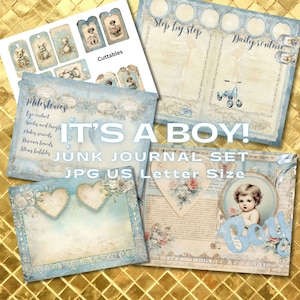Bebé niño recién nacido, medias páginas imprimibles del diario basura prefabricado, kit de diario basura rosa para bebés, páginas de scrapbooking Etiquetas efímeras.