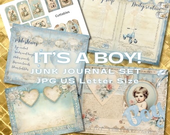 Baby Boy Junk Journal Kit: Vintage Ephemera, Scrapbook Pages (JPG Files)