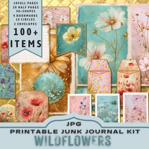 Kit de journal indésirable fleurs sauvages, demi-pages, pages complètes, cartes, étiquettes, folio, fournitures de scrapbooking, or, numériques, imprimable. Téléchargement JPG
