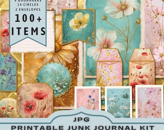 Wildflowers Junk Journal Kit, halbe Seiten, ganze Seiten, Karten, Tags, Folio, Scrapbook Supply, Gold, Digitals, druckbar. JPG-Download
