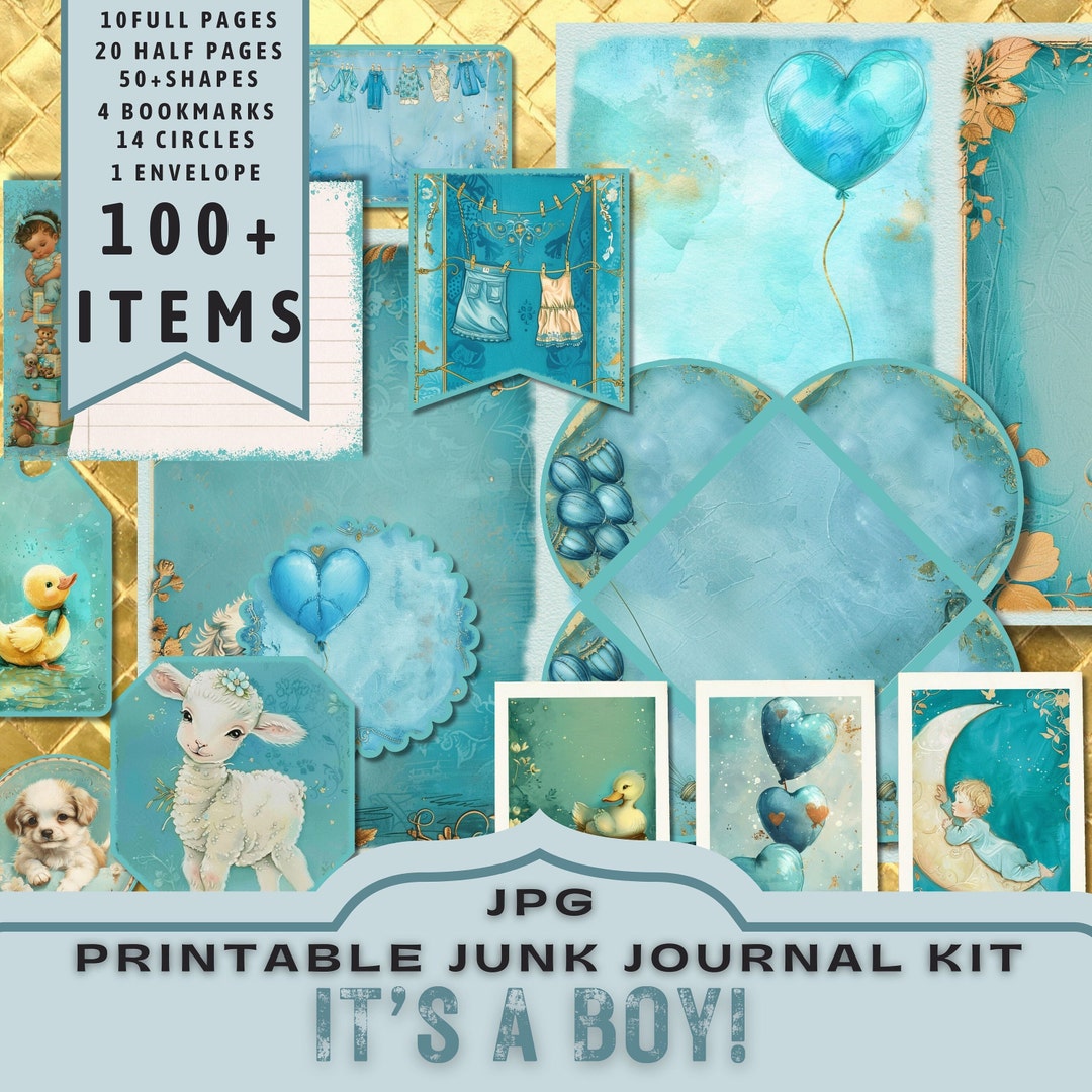 Newborn Baby Boy Junk Journal Kit, Half Pages, Full Pages, Cards, Tags