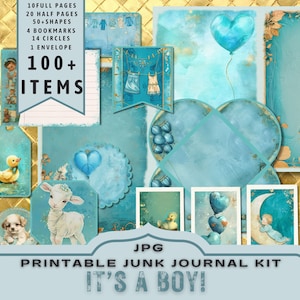 Junk Journal Kit pasgeboren babyjongen, halve pagina's, volledige pagina's, kaarten, tags, folio, plakboekvoorraad, blauw, digitale afbeeldingen, afdrukbaar. JPG-download