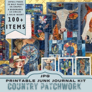 Farm Patchwork Country Junk Journal Kit, halve pagina's, volledige pagina's, tags, folio, plakboekvoorraad, denim, digitals, afdrukbaar. JPG-download