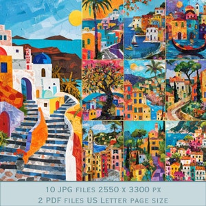Immagini di sfondo artigianali di collage di carta mediterranea. File PDF e file JPEG stampabili. 300 dpi. Pagine di album, pagine di diario spazzatura, cartoline