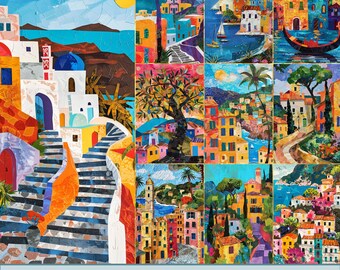 Mediterran Papier Collage Handwerk Hintergrundbilder. PDF-Dateien und druckbare JPEG-Dateien. 300dpi. Scrapbook Seiten-Junk Journal Seiten-Karten