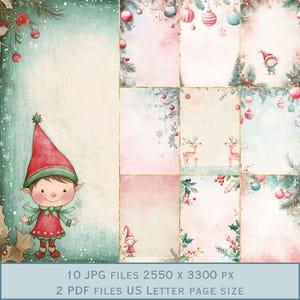 Imágenes de fondo de Navidad en tonos pastel: duende navideño, árbol de Navidad y adornos navideños. Tamaño carta de EE. UU., 300 ppp, JPEG.