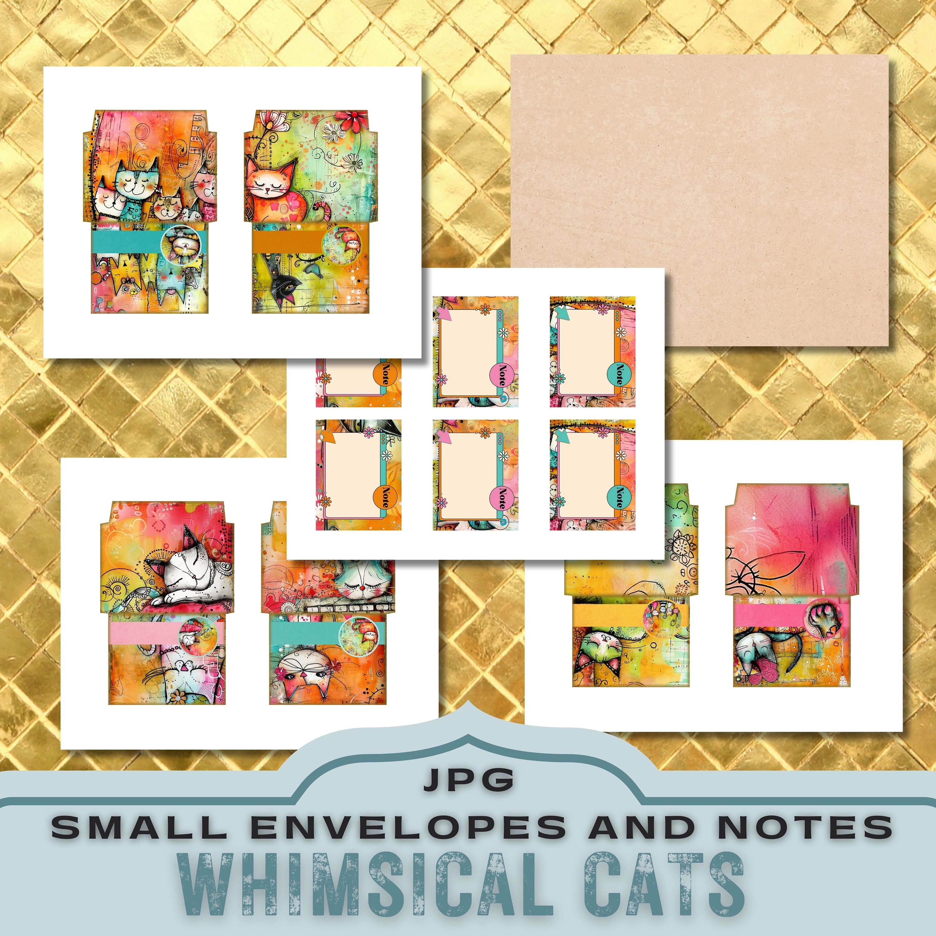 Whimsical Cats Printable Envelopes and Notes, Print and Cut Small ...