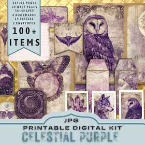 Kit numérique violet céleste mystique, fabrication de cartes, kit de journal imprimable. Etoiles de la lune. 30 pages JPG au format lettre. 300 dpi téléchargement direct