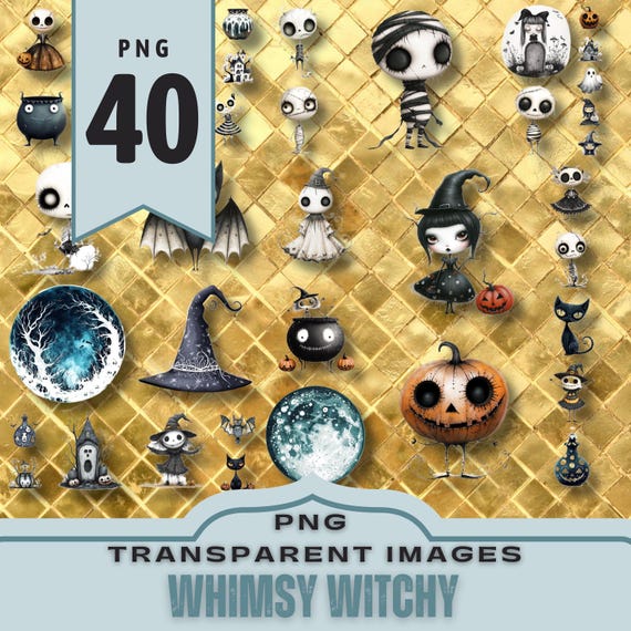 Whimsical Witchy Halloween 40 PNG Transparent images for graphic design, scrapbook, stickers, sublimation. 300dpi.