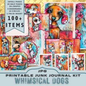 Whimsical Dogs Junk Journal Kit, meias páginas, páginas inteiras, cartões, etiquetas, fólio, suprimento de álbum de recortes, brilhante, digitais, para impressão. Baixar JPG