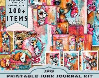 Kit de journal indésirable pour chiens fantaisistes, demi-pages, pages complètes, cartes, étiquettes, folio, fournitures de scrapbooking, lumineux, numériques, imprimable. Téléchargement JPG