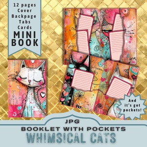 Whimsical Cats, Cute Cats Printable Booklet with Pockets, Print and Cut Folio insert for Junk Journal, Colorful Art Journal. JPG Download