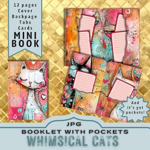 Whimsical Cats, Cute Cats Printable Booklet with Pockets, Print and Cut Folio insert for Junk Journal, Colorful Art Journal. JPG Download