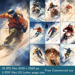 Pages imprimables de ski acrobatique. Fichier PDF et fichiers JPEG imprimables. 300 ppp. Pages de scrapbooking - Pages de journal indésirable - Cartes